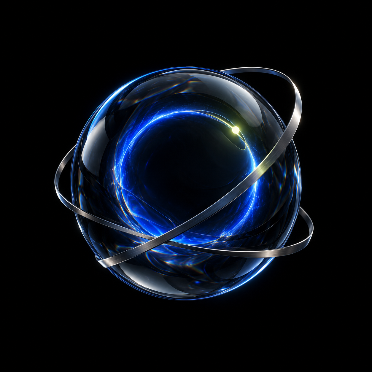 Glass orb encircled by illuminated metal rings